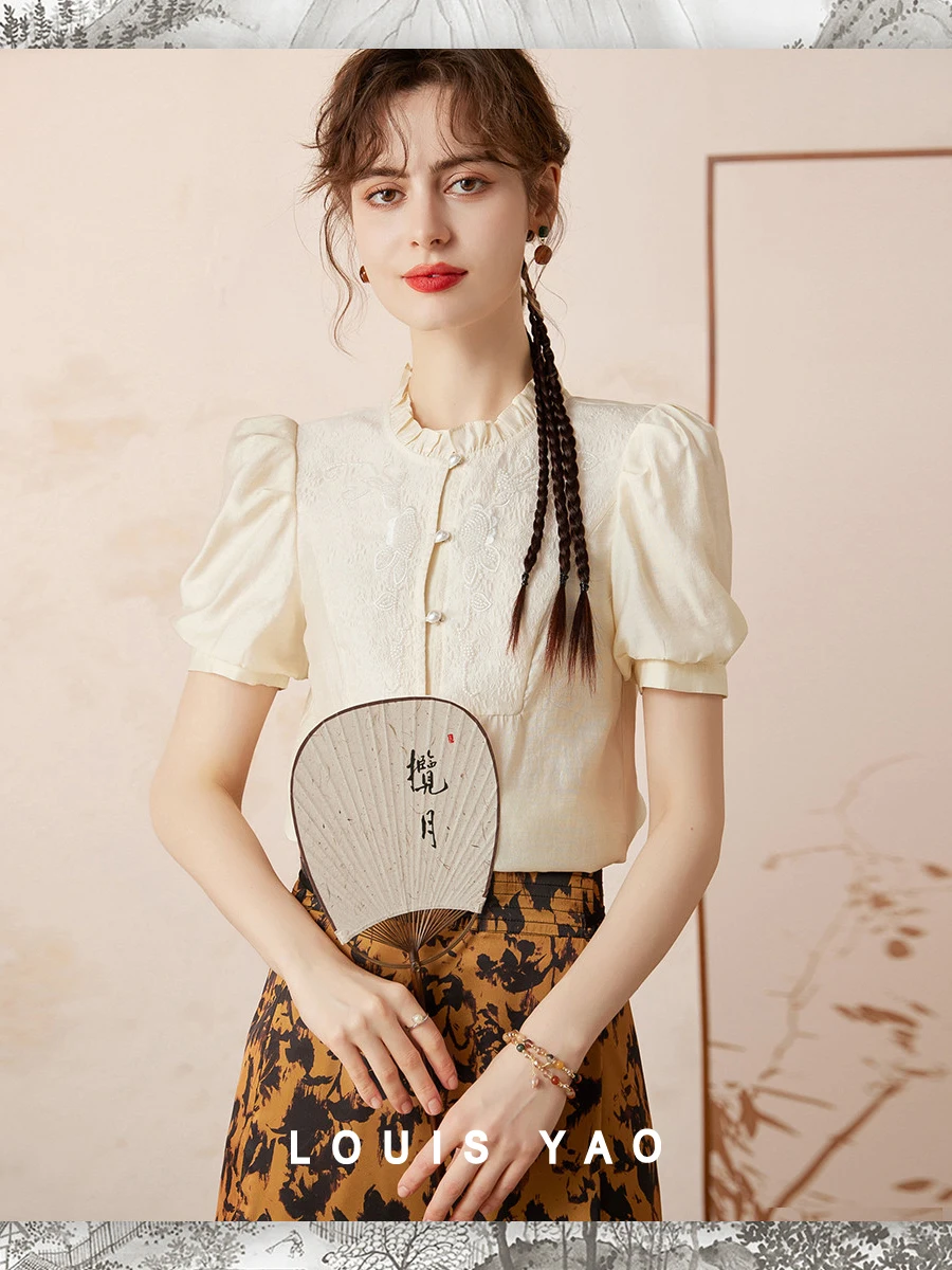 

LOUIS YAO Chinese Style Shirt Elegant Stringy Selvedge Puff Short Sleeve Blouse Jacquard Beading Women's Shirt Top