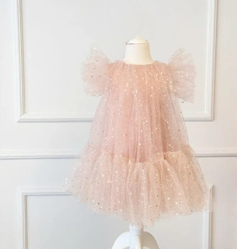 

New Pink Flower Girl Dress for Wedding O Neck High Waisted Tutu Cupcake Outfit Baby Girl Birthday Dress 1-14T