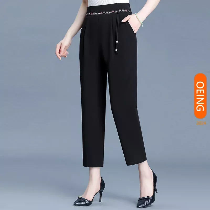 

Women High Waist Embroidery Suit Trousers Mom Pants 2024 Summer New Vintage Elegant Slim Fit Casual Black Apricot Khaki 2410