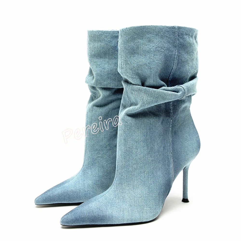 

Blue Western Cowboy Pleated Mid-calf Boots Women's Stiletto Pointed Toe Sexy Fashion Party Office Lady Shoes New Arrival