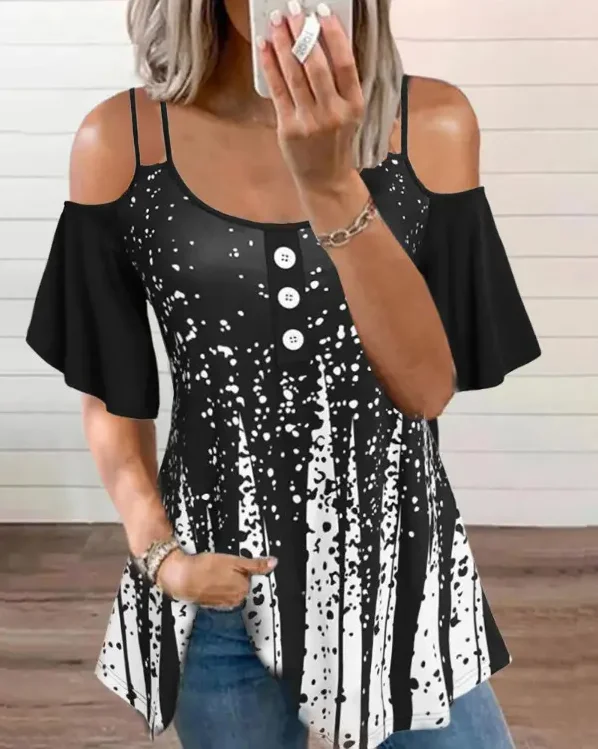 

Women's T-Shirt Sexy Off Shoulder Women Polka Dot Print Cold Shoulder Ruched Top Summer New Casual Loose Tee 2022