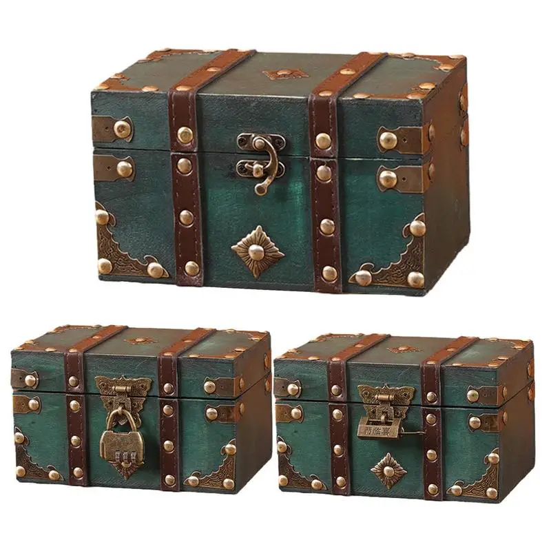 

Wooden Retro Storage Box Vintage Decorative Treasure Jewelry Chests With Lock Antique Pirate Chest Home Decor Photography Props