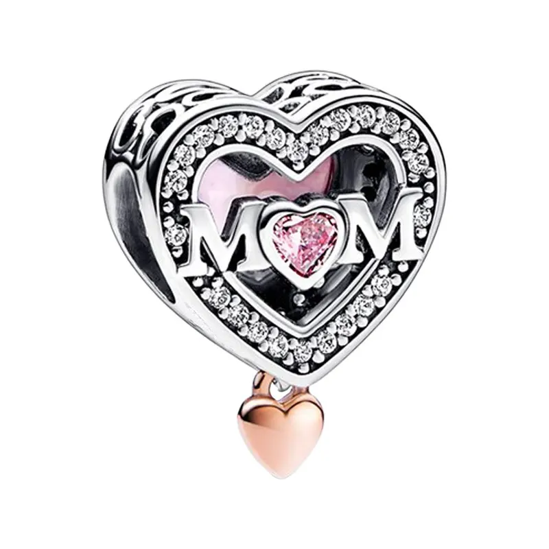 

Openwork Mum Hearts Charms For Women Pink Cabochon Stones Clear Zircons Rose Gold 925 Sterling Silver Jewelry Mother's Day Gifts