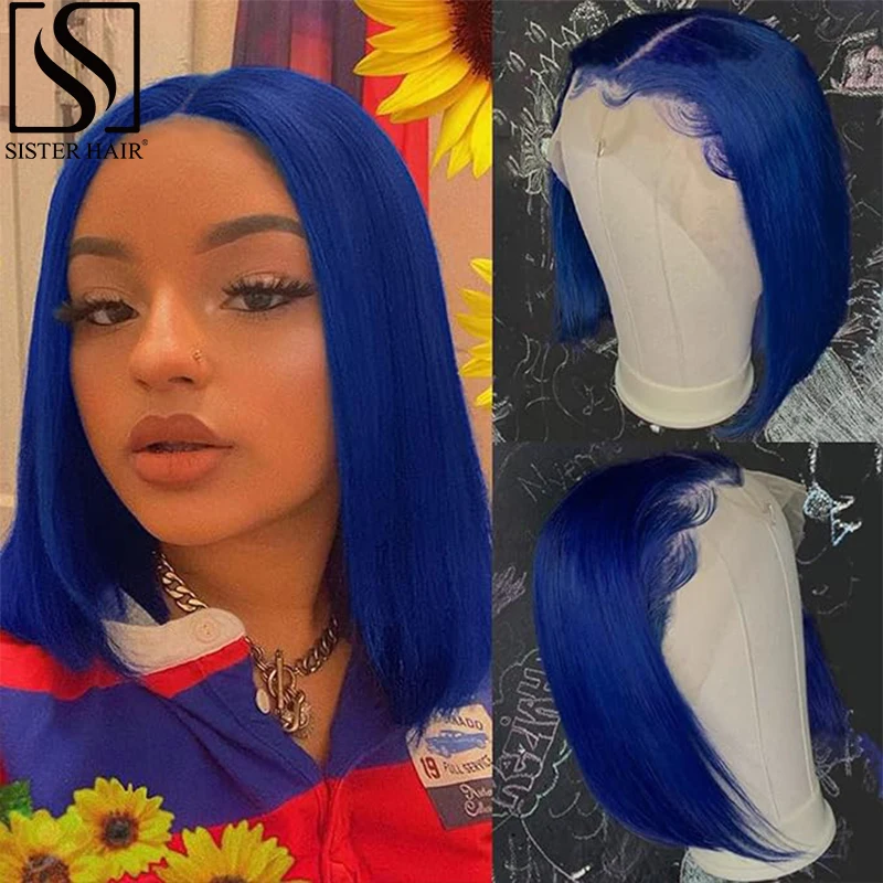 

Blue Bob Wigs Human Hair 13x4 Frontal Lace Wig Pre Plucked HD Lace Front Bob Wig Human Hair Colored 180% Density 12 Inch wig