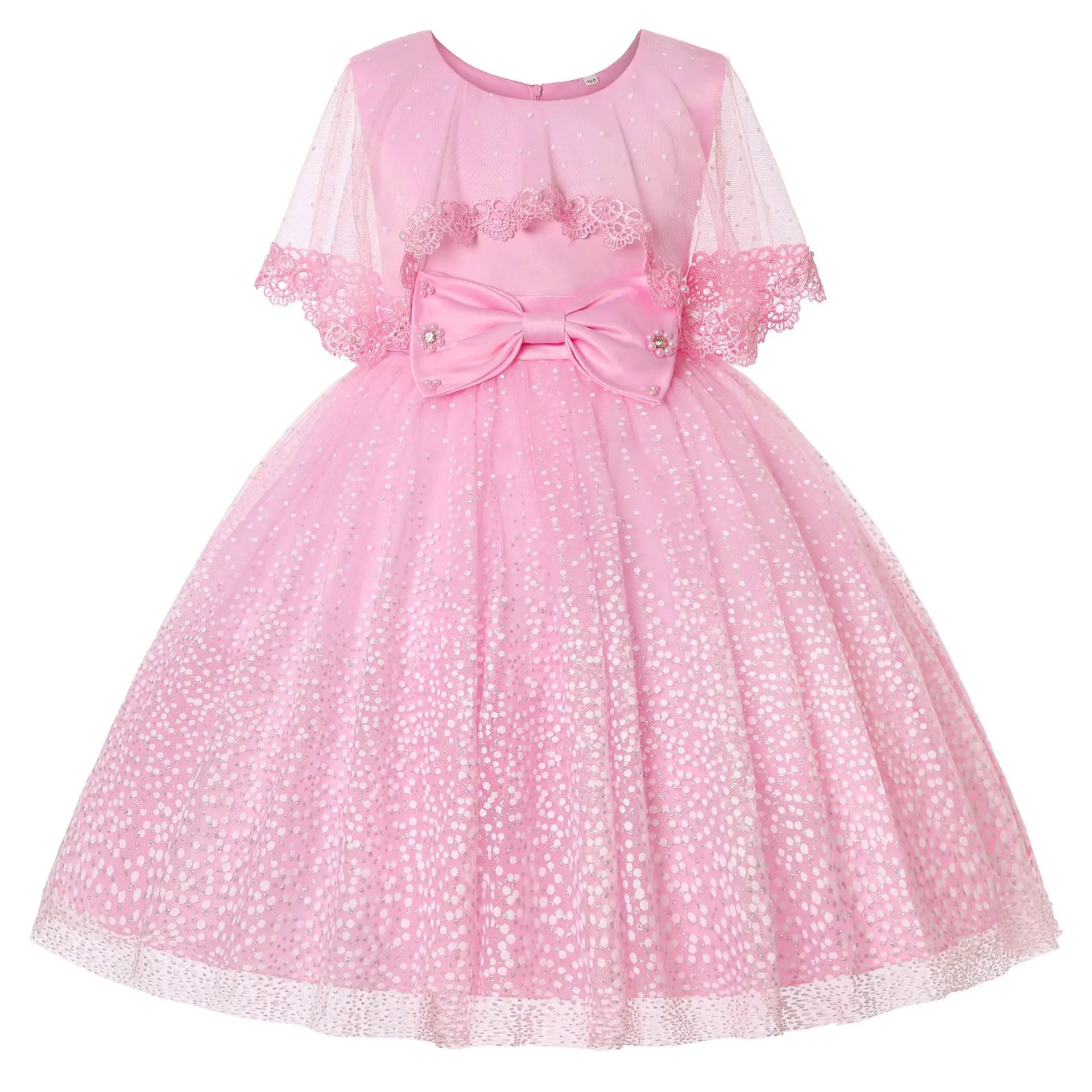 

Летнее платье для девочек с круглым вырезом и короткими расклешенными рукавами, Сетчатое платье розового цвета в горошек, детская одежда, платье принцессы для девочек