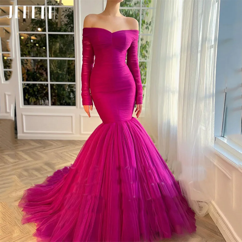 JEHETH Fuchsia Tulle Mermaid Evening Party Dress Elegant Long Sleeves Off the Shoulder Pleat Backless Prom Gown Sweep Train 2023
JEHETH Fuchsia Tulle Mermaid Evening Party Dress Elegant Long Sleeves Off the Shoulder Pleat Backless Prom Gown Sweep Train 2023