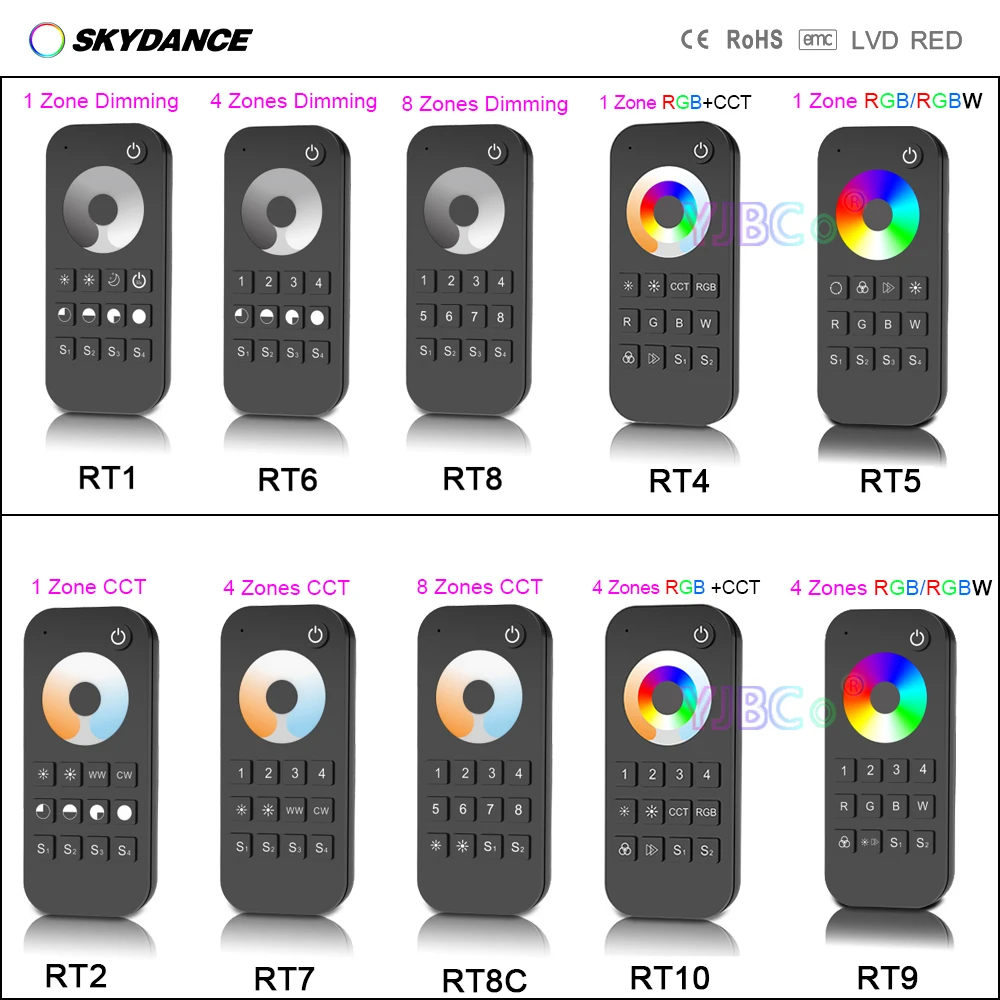 

Skydance 1/4/8 zone 2.4G RF Remote Touch Wheel single color Dimmer Switch Dimming/CCT/RGB/RGBW/RGBCCT LED strip tape Controller