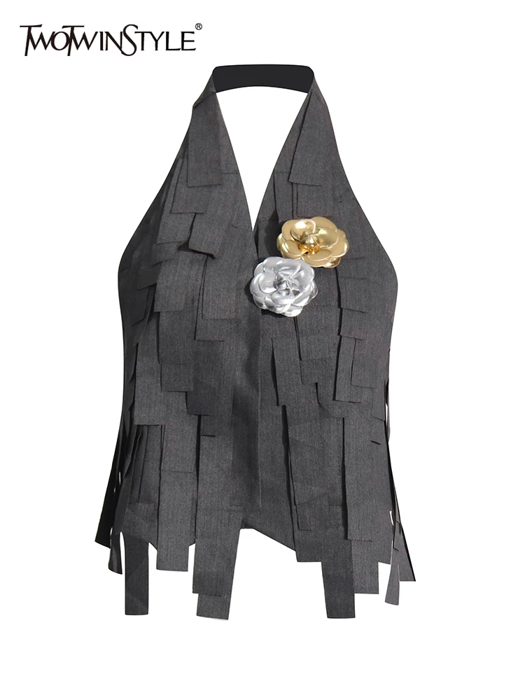TWOTWINSTYLE Solid Spliced Appliques Sexy Tank Tops For Women Halter Sleeveless Backless Patchwork Tassel Vests Female Fashion
TWOTWINSTYLE Solid Spliced Appliques Sexy Tank Tops For Women Halter Sleeveless Backless Patchwork Tassel Vests Female Fashion