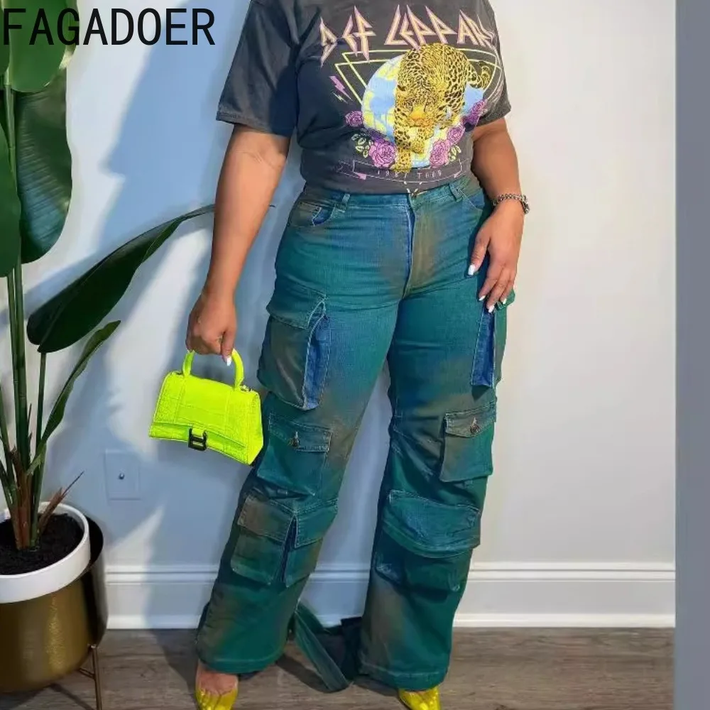 

FAGADOER Fashion Tie Dye Print Pocket Denim Cargo Pants Women High Waisted Button Wide Leg Jean Trousers Casual Straight Bottoms