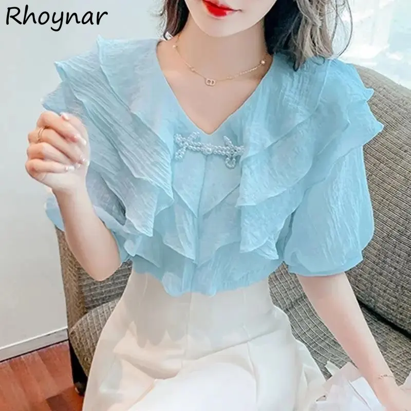 

S-3XL Blouses Women Baggy Ruffles Gentle Puff Sleeve Temper Sweet V-neck Summer Designer Vintage Elegant French Aesthetics Chic