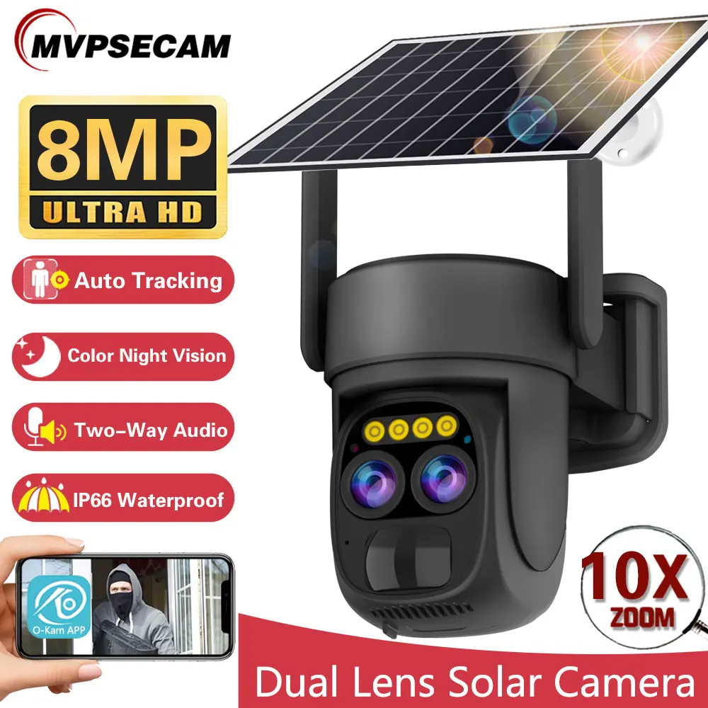 Solar Wifi Camera Dual Lens PTZ 10X Zoom 8MP Two Way Audio PIR Outdoor Waterproof CCTV Surveillance Security Wireless IP Camera
Solar Wifi Camera Dual Lens PTZ 10X Zoom 8MP Two Way Audio PIR Outdoor Waterproof CCTV Surveillance Security Wireless IP Camera