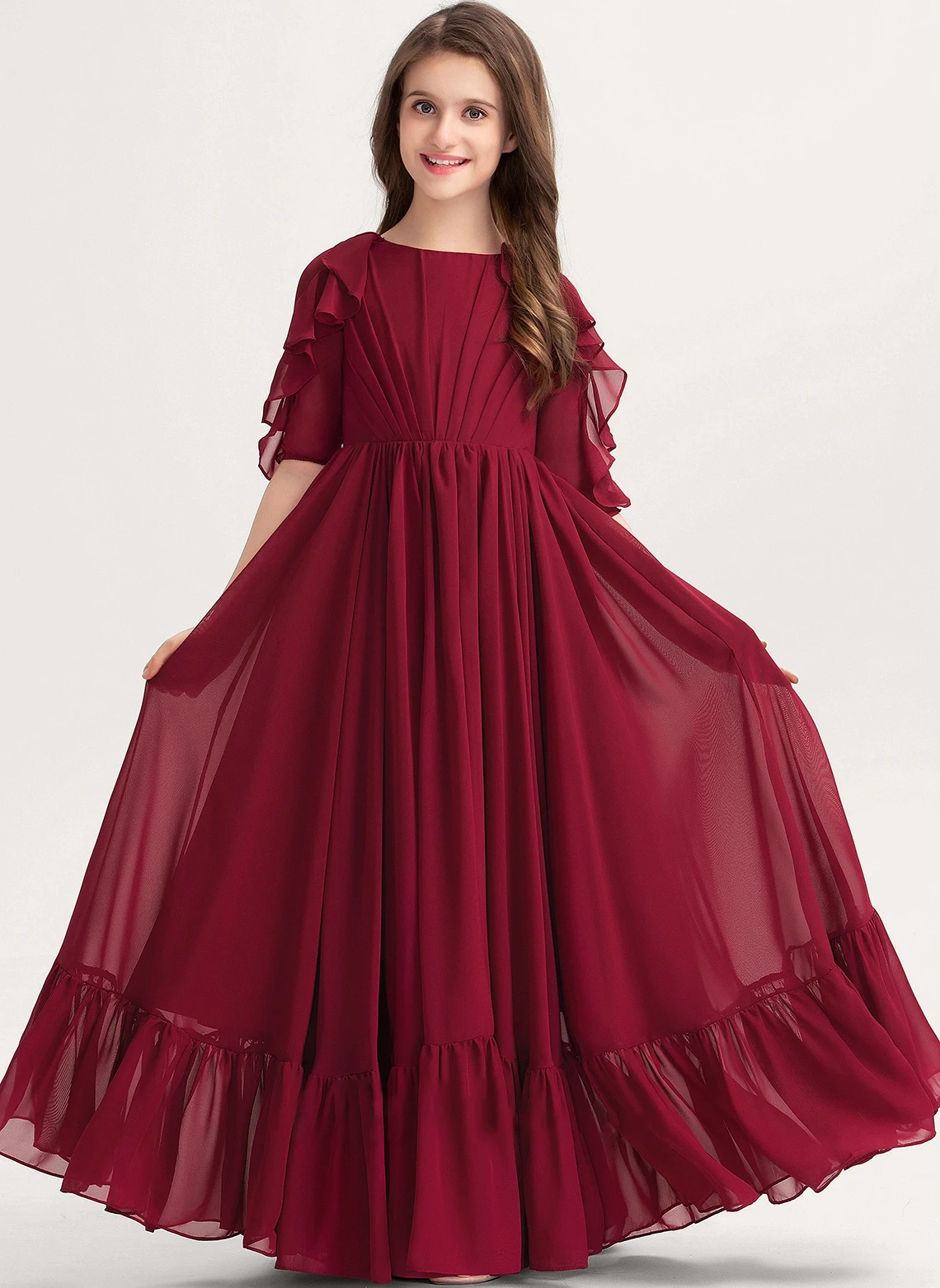 

Flower Girl Dresses A-line Scoop Floor-Length Chiffon Junior Bridesmaid Dress With Cascading Ruffles First Communion Dress
