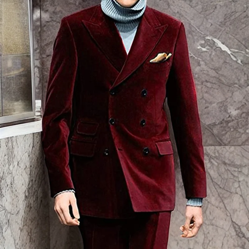 

Tailored Burgundy Velvet Suit for Men Groom Tuxedo Slim Fit 2 Piece Double Breasted Blazer Prom Wedding Suits (Jacket+Pants)