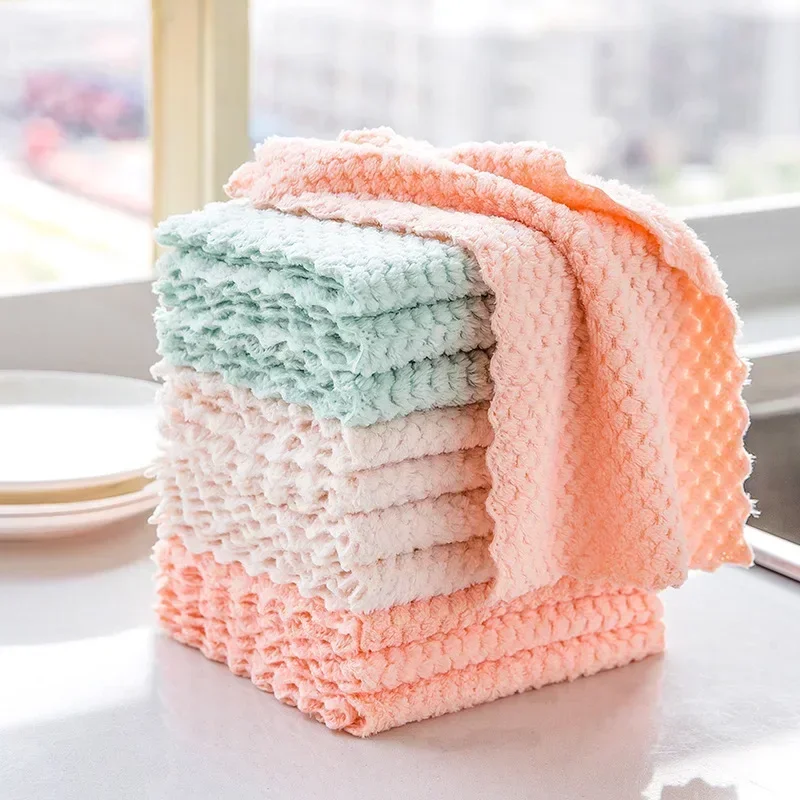 

5/10pcs Dish Cleaning Towel Pineapple Grid Coral Fleece Cloth Household Kitchen Cleaning Cloth Non-stick Oil Fast Drying