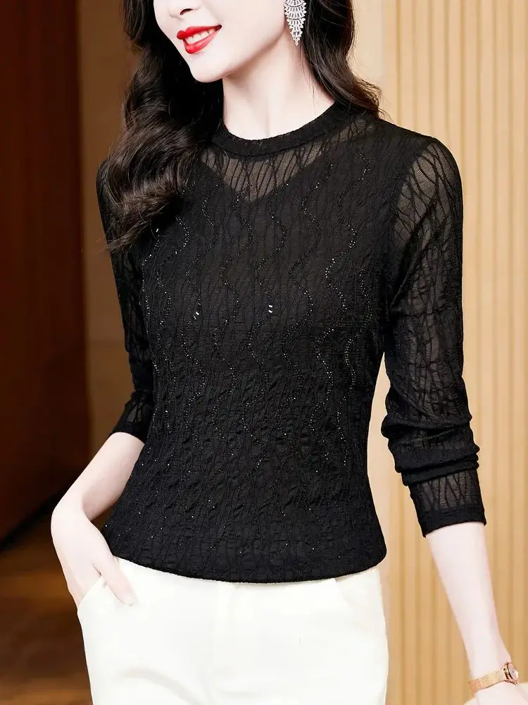 Женская футболка с длинным рукавом и высоким воротником, однотонная мягкая Кружевная футболка со стразами 
Женская футболка с длинным рукавом и высоким воротником, однотонная мягкая Кружевная футболка со стразами