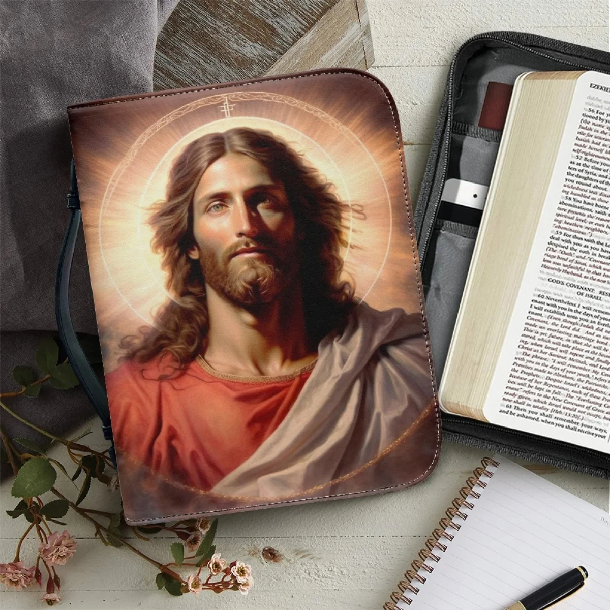 

Leather Zippered Handle Bible Bag Christian Jesus Design Study Book Holy Storage Boxes Utility Gift 2023 New Women's Handbags