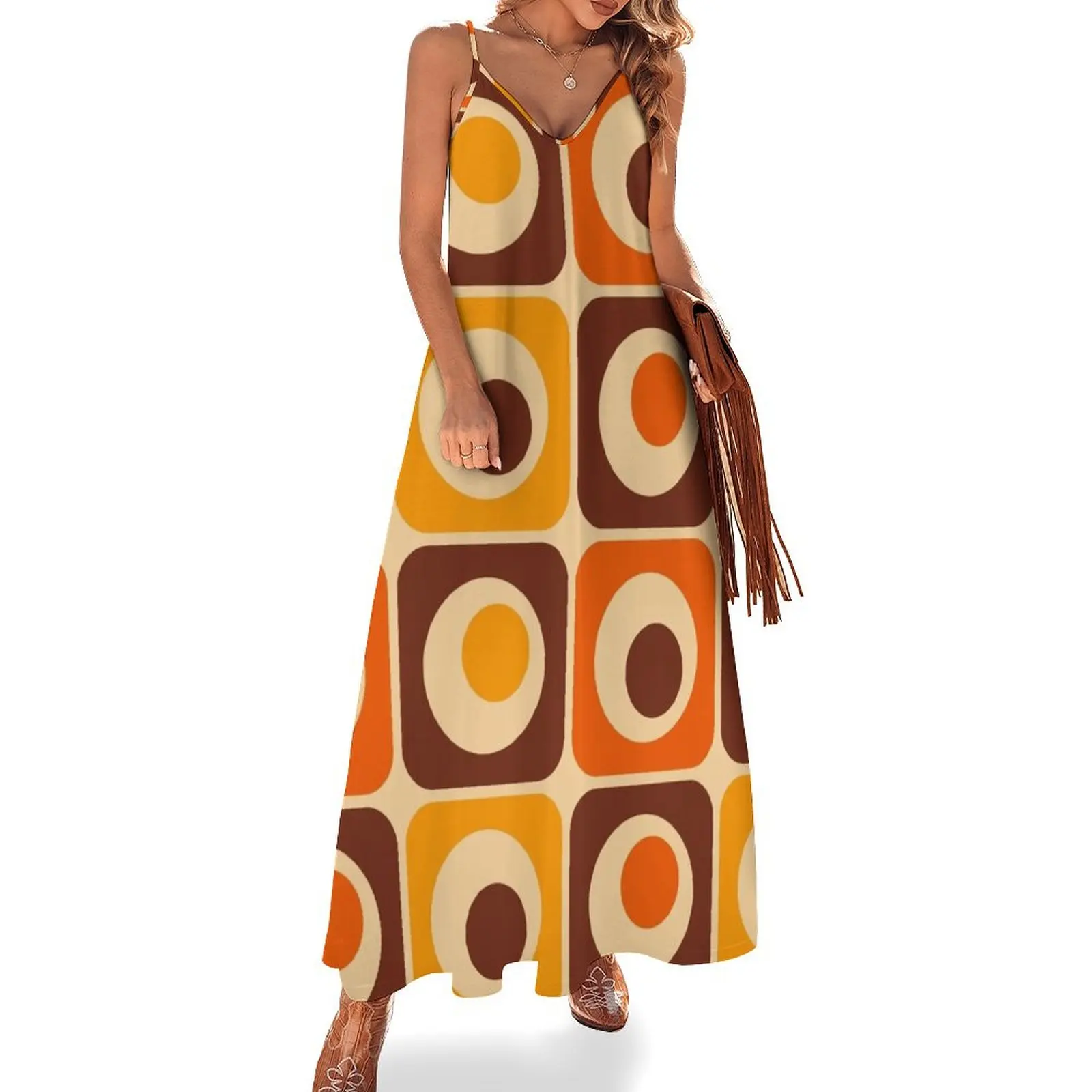70s Retro Vintage Style Geometric Pattern Orange Brown and Yellow Sleeveless Dress women's summer jumpsuit 
70s Retro Vintage Style Geometric Pattern Orange Brown and Yellow Sleeveless Dress women's summer jumpsuit