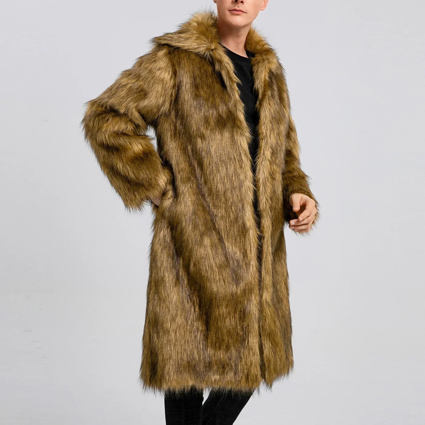 

Men Faux Fox Fur Jacket Coat Winter Warm Thick Fluffy Long Sleeve Shaggy Outerwear Luxury Fur Long Jacket Bontjas Jackets Mens