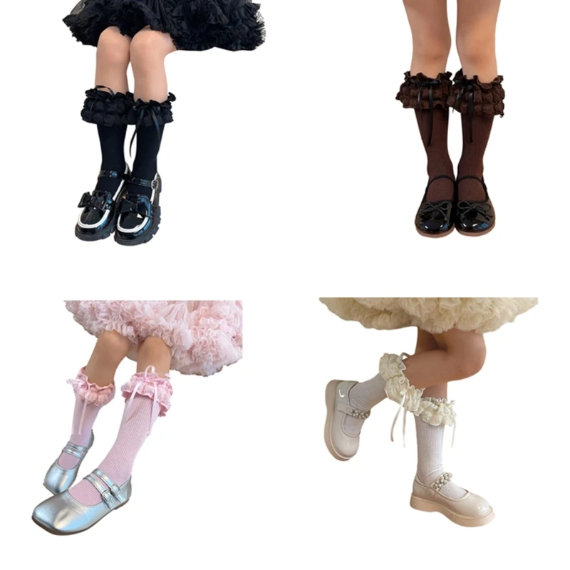 

Lace Up Ruffle Knee High Socks Little Girl Knit Slouchy Socks Breathable Spring Socks Children Hosiery Leg Warmers