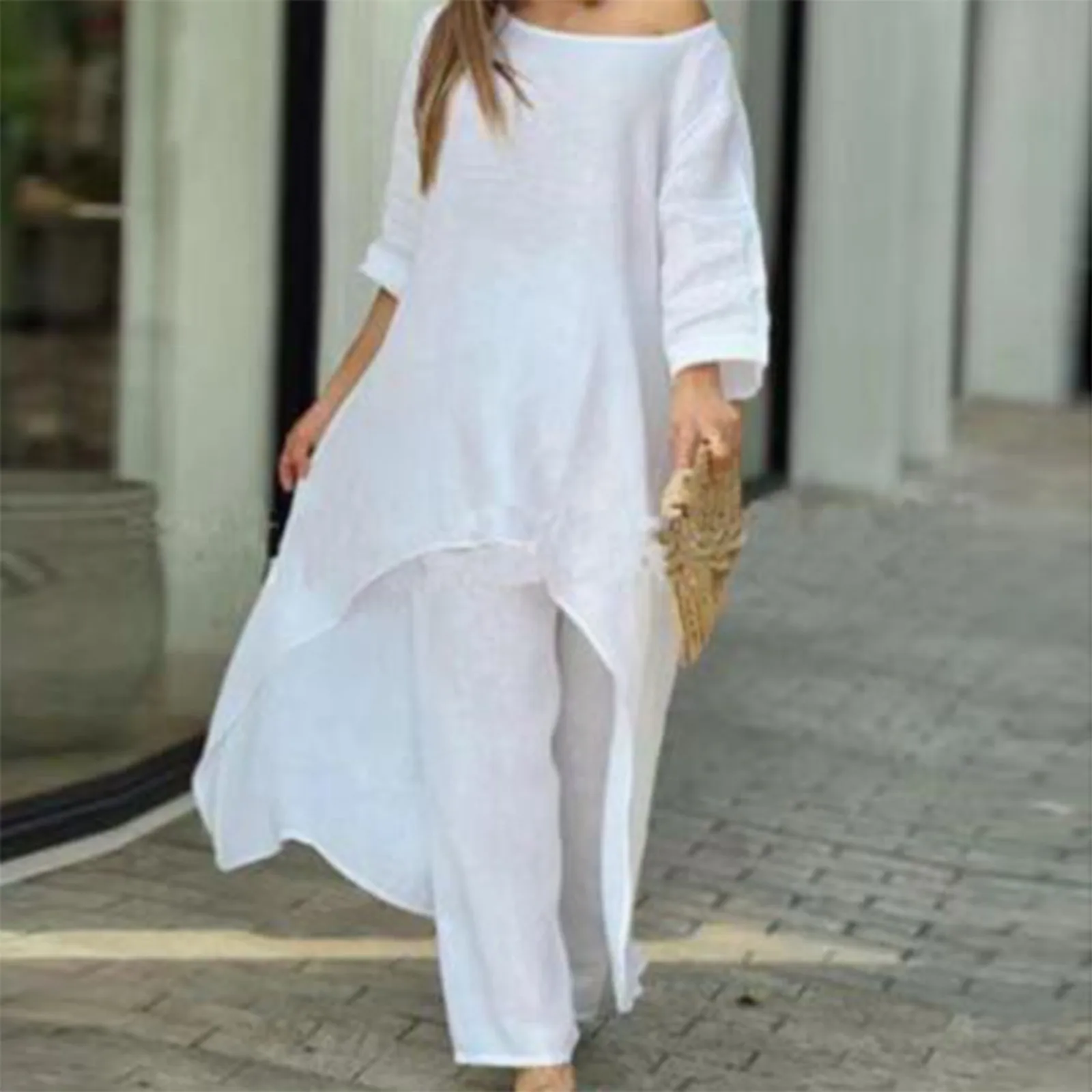 Women's Cotton Linen Two Piece Set Fashion Solid Round Neck Irregular Hem Large Size Pullover Top Loose Wide Leg Long Pants Suit
Women's Cotton Linen Two Piece Set Fashion Solid Round Neck Irregular Hem Large Size Pullover Top Loose Wide Leg Long Pants Suit