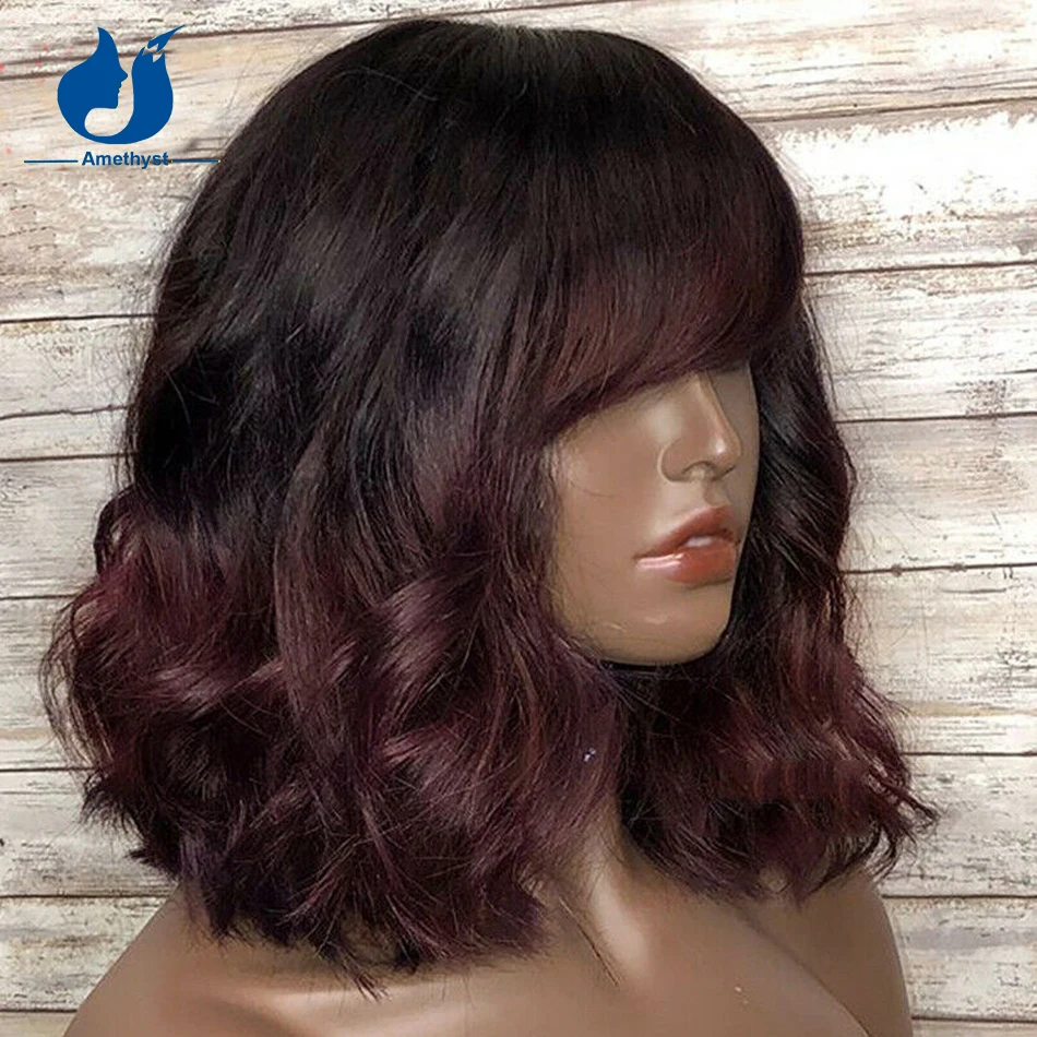 

Amethyst Red Wave Burgundy Ombre Bob Wigs Human Hair For Women Brazilian Remy O Scalp Top Full Machine Wig With Bangs Short 99J