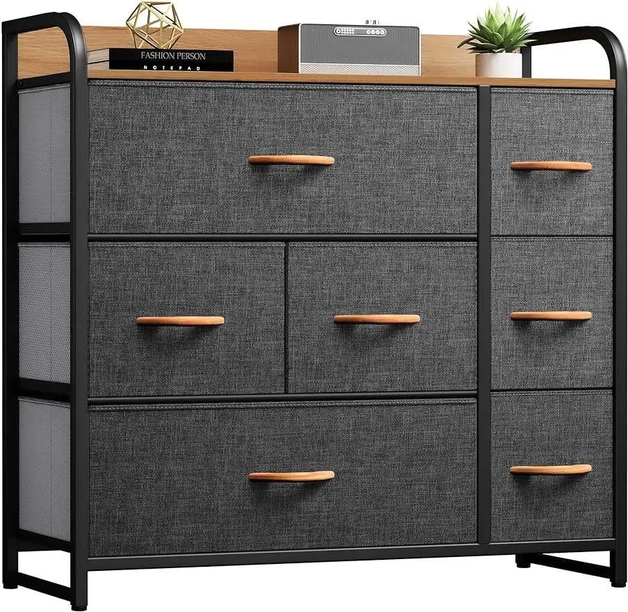 

DWVO Fabric Dresser with 7 Drawers, Black Dresser & Chest of Drawers, Storage Tower with Large Capacity, Organizer Unit for Bedr