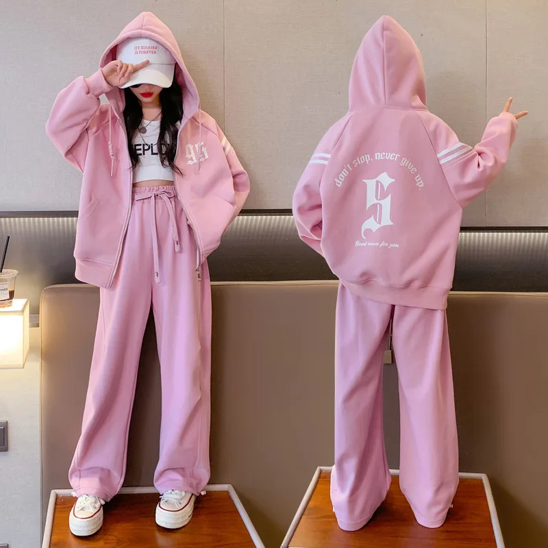 

Girls Alphabet Zipper Workout Sweatshirt Jackets+Drawstring Sweatpant Set School Kids 2PCS Tracksuit Child Jogger Outfit 5-16 Yr