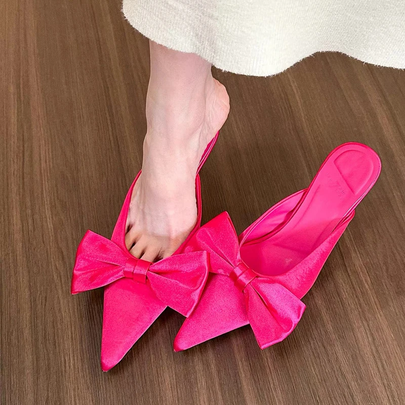 

Luxury Satin Silk Mule Slides Woman Rose Pink Bowknot Stiletto Slippers Ladies Point Toe High Heel Evening Party Pump Shoes