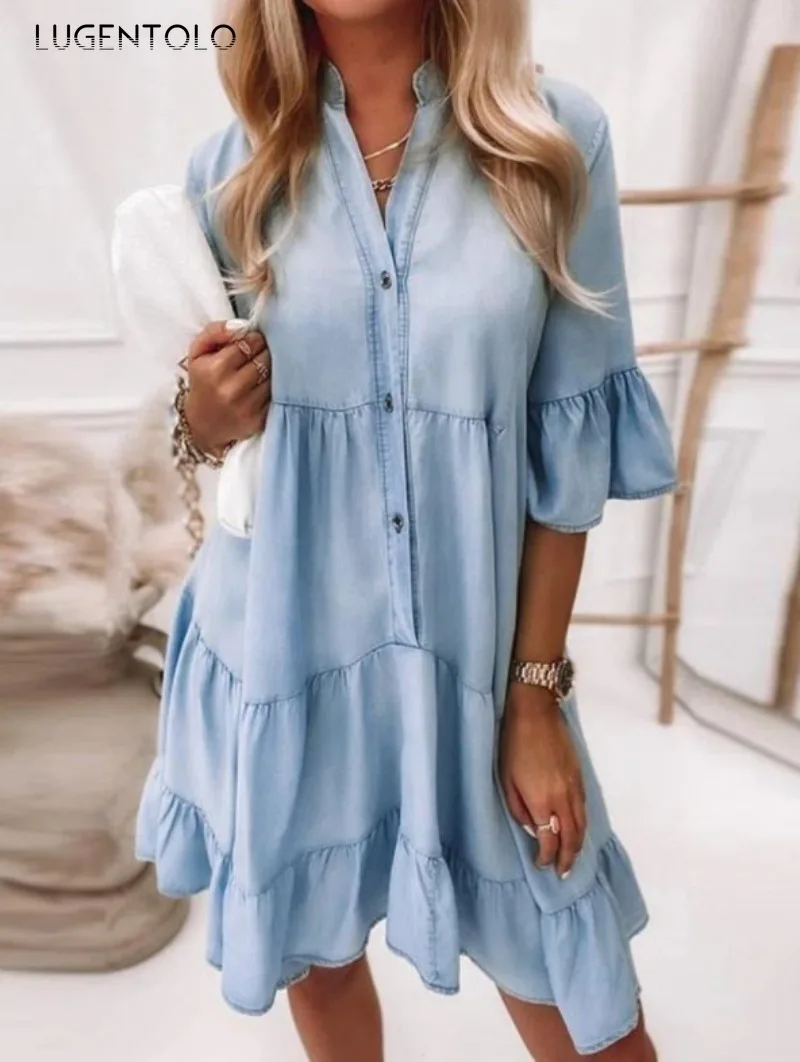 Women Washed Denim Dress Half Sleeve Casual Spring Summer Female Button A-LINE Solid Pullover Short Dress
Women Washed Denim Dress Half Sleeve Casual Spring Summer Female Button A-LINE Solid Pullover Short Dress