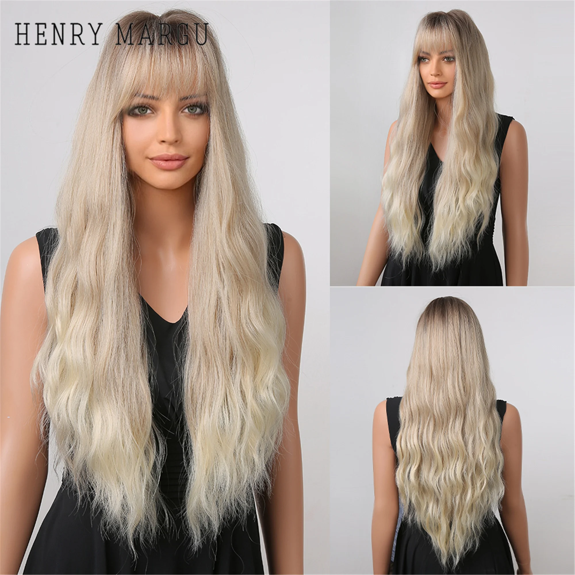 

HENRY MARGU Long Ombre Ash Blonde Wig with Bangs Synthetic Water Wavy Wig for Women Dark Root Heat Resistant Cosplay Lolita Hair