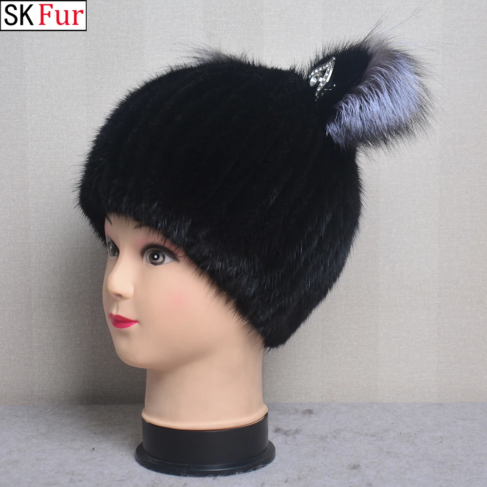 

Real Mink Fur Fox Fur Hats Lady Bomber Hat Winter Natural Mink Fur For Women Knitted Lining Hand-woven Fashion Warmth Pompom