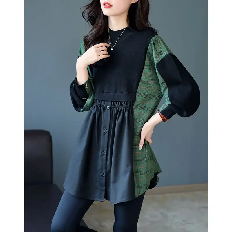 Fashion O-Neck Spliced Plaid Loose Shirring Blouses Women Clothing Autumn Oversized Casual Tops Fake Two Pieces Shirts N05
Fashion O-Neck Spliced Plaid Loose Shirring Blouses Women Clothing Autumn Oversized Casual Tops Fake Two Pieces Shirts N05