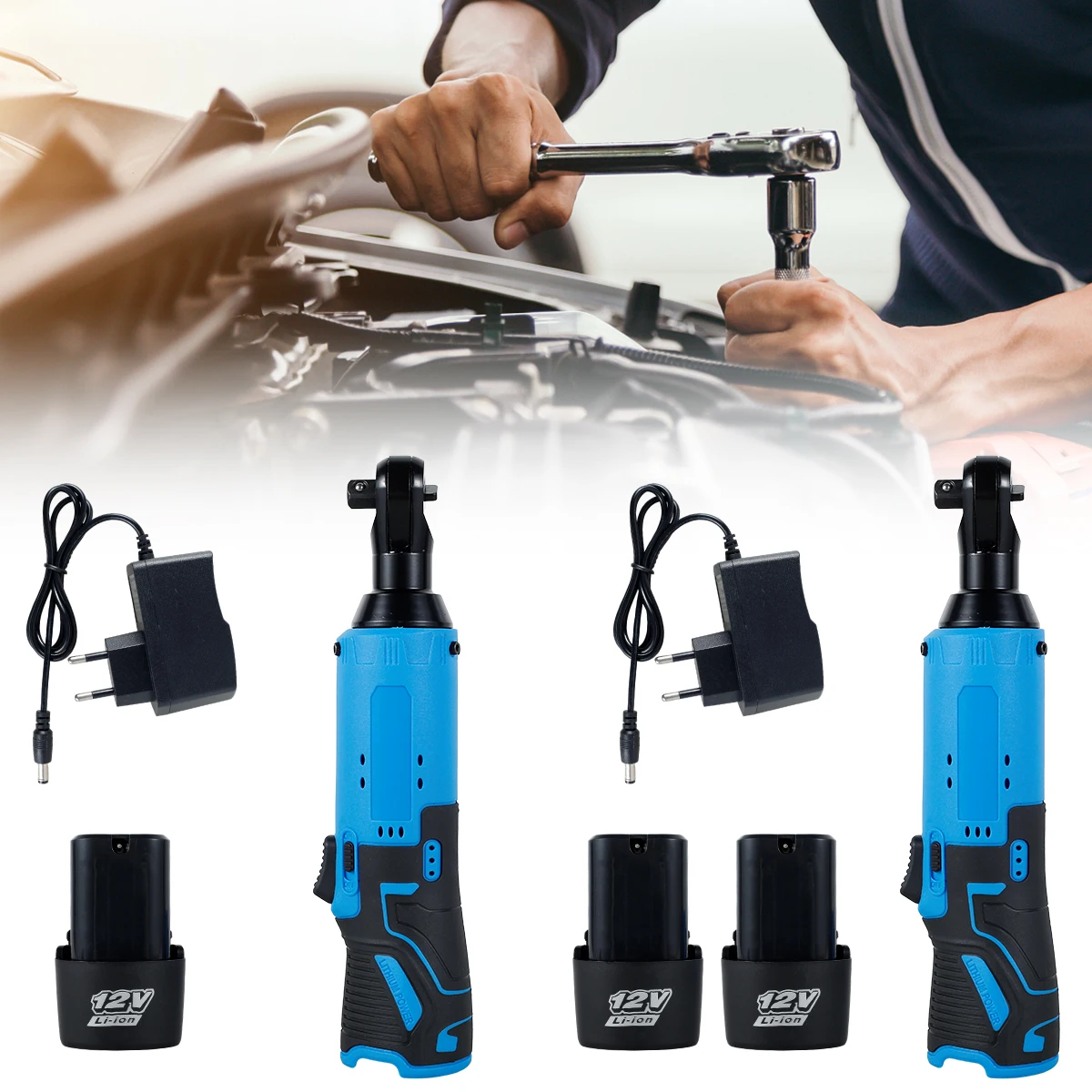 12V Cordless Electric Impact Wrench 3/8'' 90 Degree Right Angle Wrench Ratchet Tool with LED Light Rechargeable Ratchet Wrench
12V Cordless Electric Impact Wrench 3/8'' 90 Degree Right Angle Wrench Ratchet Tool with LED Light Rechargeable Ratchet Wrench