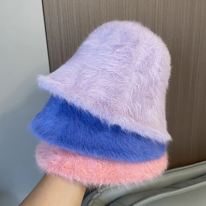 

Winter Women Soft Plush Dome Bucket Hat Girls Cute Plain Color Thickened Wide Brim Warm Beanies Fluffy Faux Fur Fisherman Cap