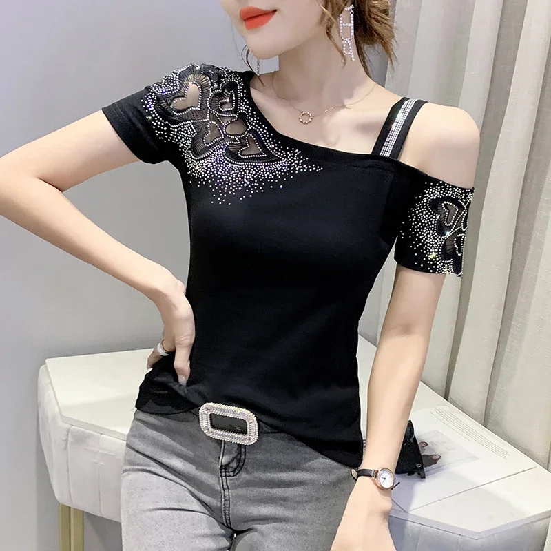 

Ladies Fashion Sexy Asymmetry Hot Fix T Shirts for Women Clothing Female Girls Vintage Gothic Aesthetic Woman Y2k Top BPAH21038