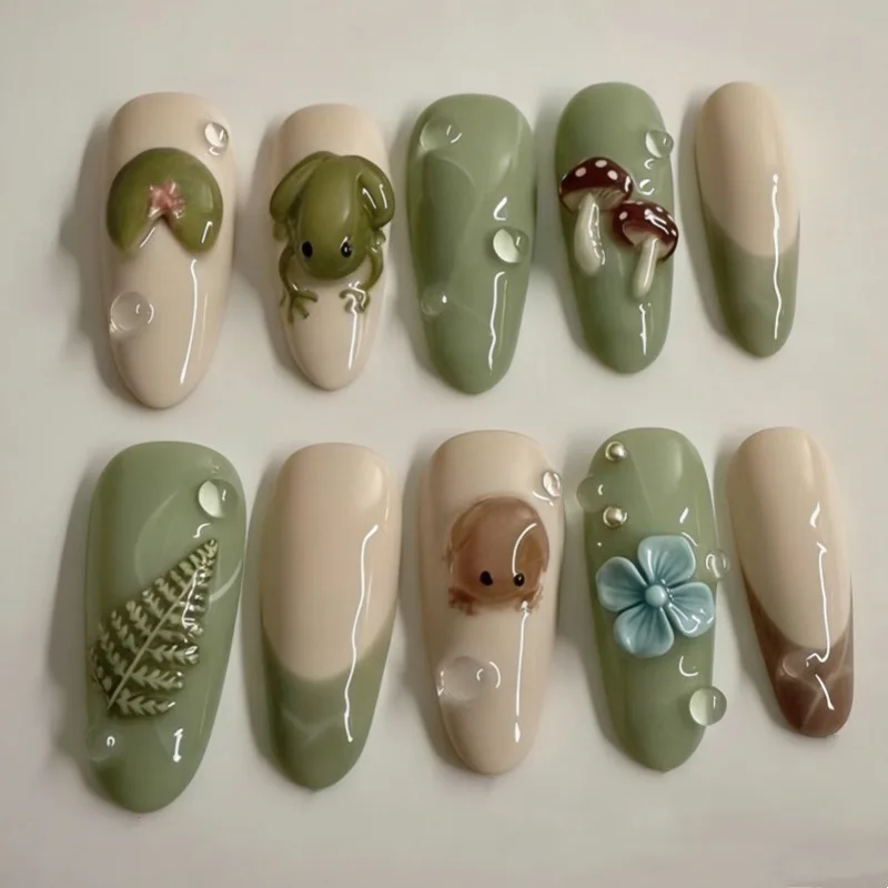 24PCS Summer Green Lotus Almond Press on Nails Cute Frog French Fake Nails for Women Fresh Flowers Wearable Manicure with Glue 13 S53c5923874fd440f950fa03028deee57Q