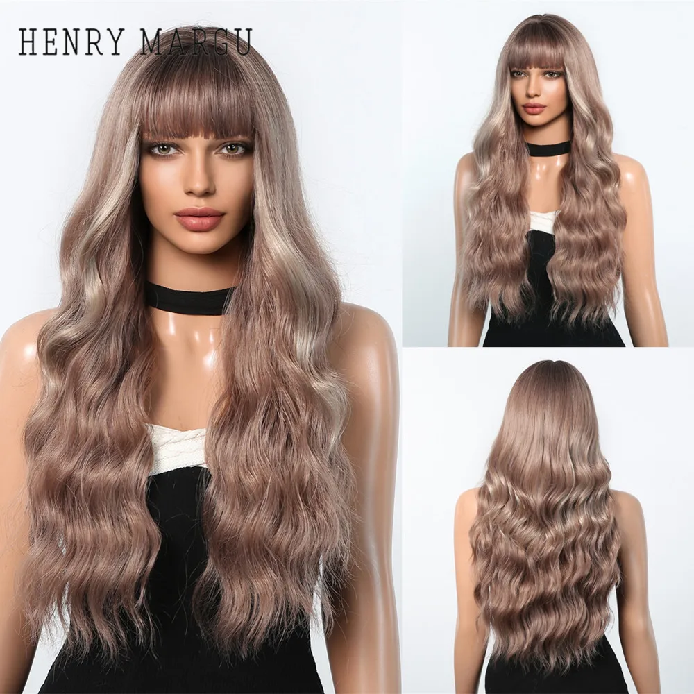 

Длинные коричневые волнистые парики henmargu, подсвечивающие синтетические волосы, парик с челкой, натуральный парик с темными корнями Омбре для женщин, мягкий, для ежедневного использования