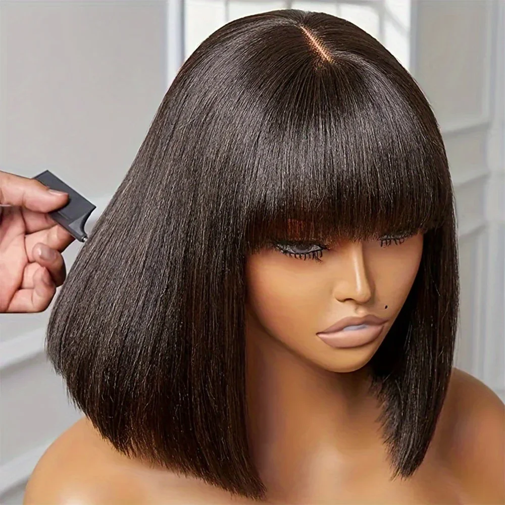 

Straight Bob Wig With Bangs Human Hair 2x1 HD Lace Glueless Wigs Ready To Wear For Women Realistic Look Scalp Blunt Cut Hair Wig