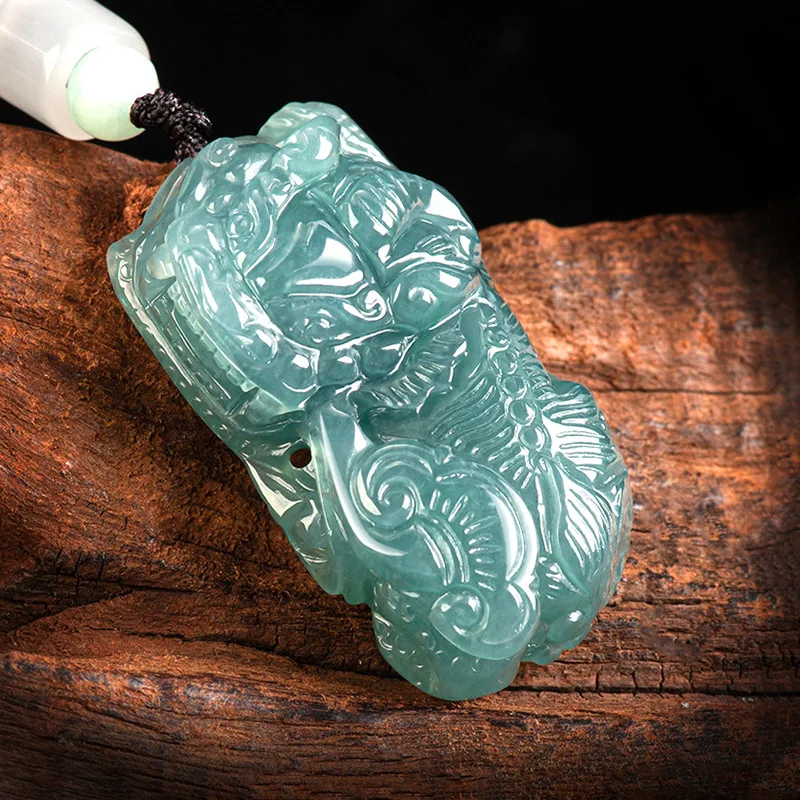 

100% Jadeite Blue Water Pendant Attracting Wealth Ruyi Pixiu Pendant Ice Jade Neckpiece Charming Jade Necklace for Men and Women