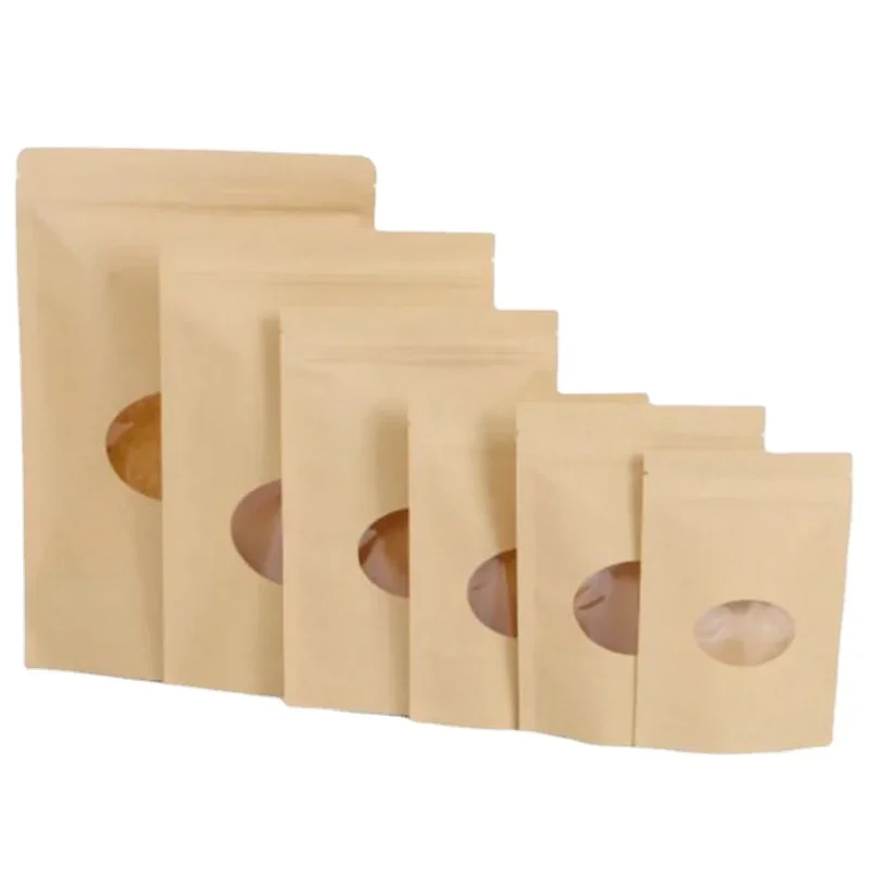 

50PCS Reacyable Kraft Paper Ziplock Bag With Window Stand Up Resealable Grip Self Sealing Pouches for Cookie Dried Food Snack