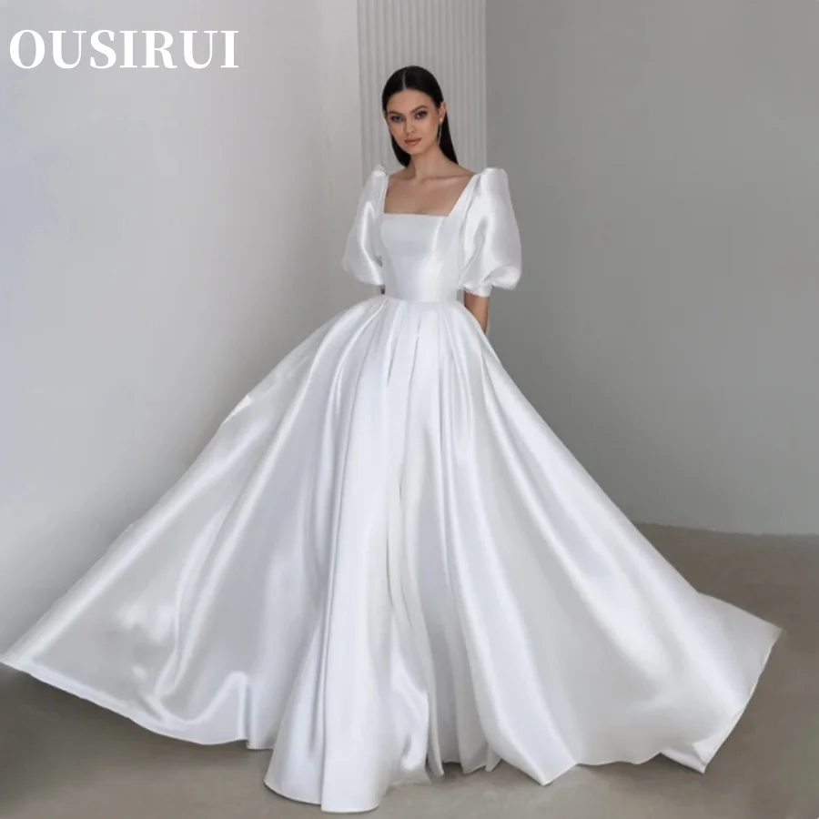 

OUSIRUI 2024 Wedding Dress Puff Sleeve Princess A-Line Fashion Boat Neckline L ace up Satin Bridal Gowns Robe de mariage