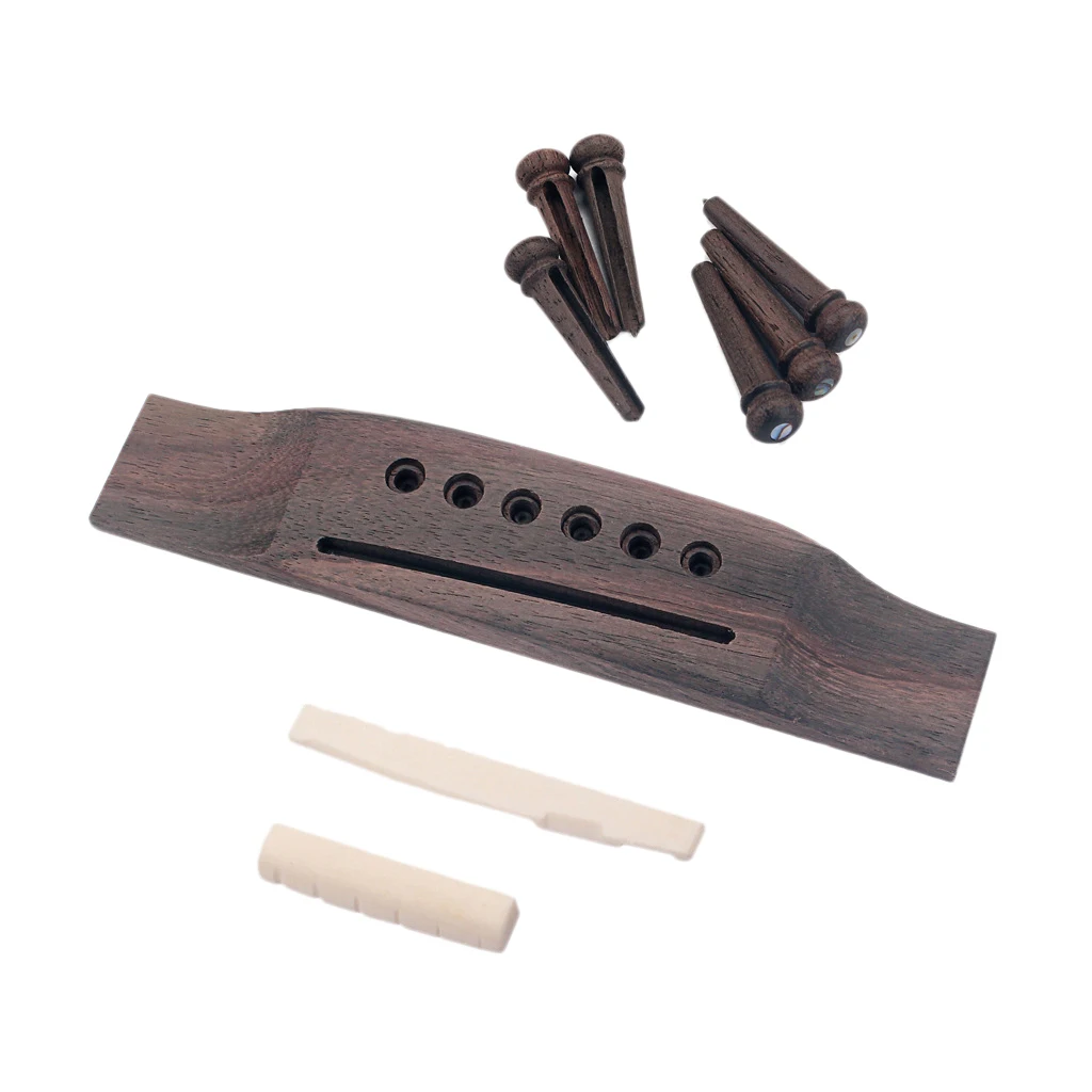 

Acoustic Guitar Replacement Set Ebony Bridge End Pins Bone Saddle & Nut and wood Bridge Parts