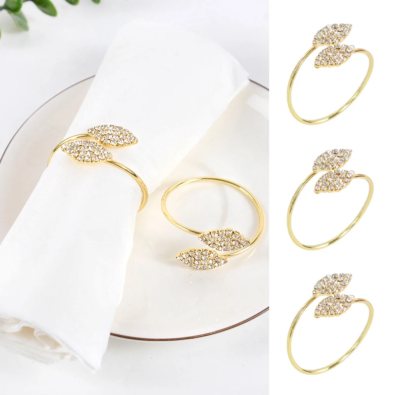 

6pcs Gold Leaves Shape Napkin Ring Rhinestone Metal Napkin Buckles Holder for Wedding Banquet Home Party Dinner Table Decoration