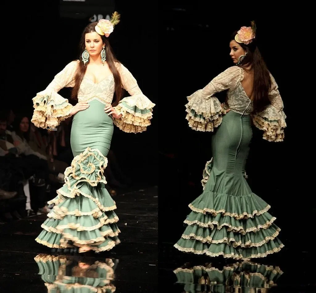 

Charming Champagne Green Moda Flamenca Prom Dresses Fairy Long Sleeve Lace Stain Ruffles Skirt Mermaid Spain Evening Gown Outfit