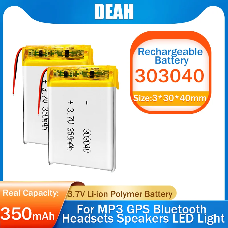 Фото 1/2pcs 3.7V 350mAh 303040 033040 Lithium Polymer Rechargeable Battery For MP3 Watch GPS Navigation Reading Pen Bluetooth Headset | Перезаряжаемые батареи (1005003753599221)