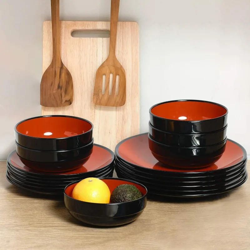 

Набор посуды для 6 предметов, набор меламиновых обеденных тарелок и мисок, набор из 18 предметов (красный и черный)