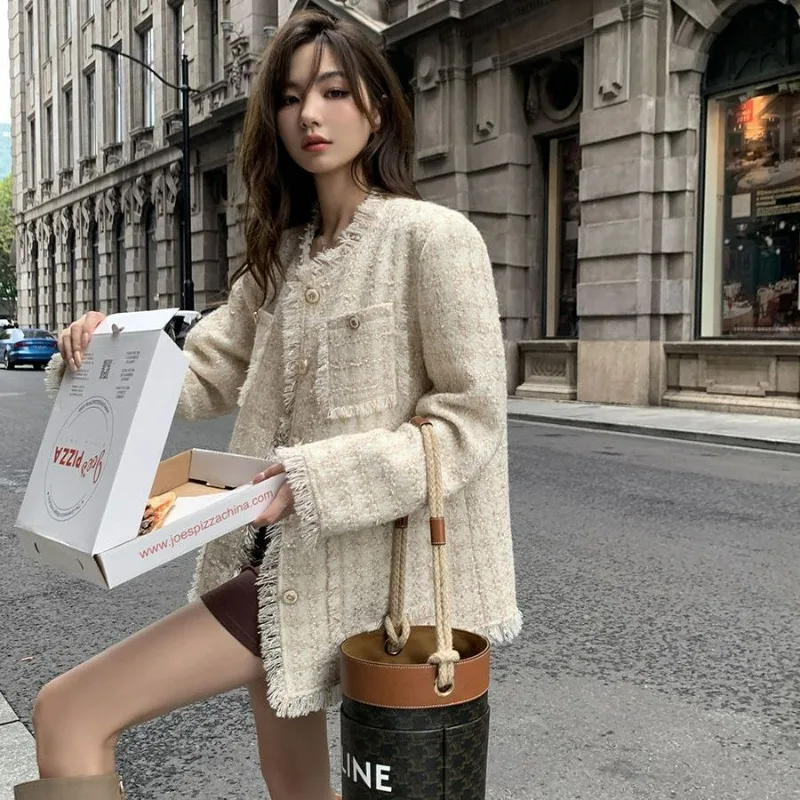 

2024 New Women Solid Color Round Neck Loose Coat Female Fringed Burr High-Grade Short Jacket Simple Casual Versatile Outerwear