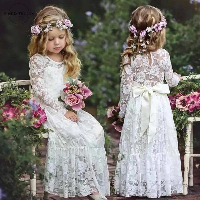 

Ivory Lace Communion Dress 2022 Long Sleeves Boho Flower Girl Dresses Kids Christening Wedding Bridesmaid Clothes 6-8 Years