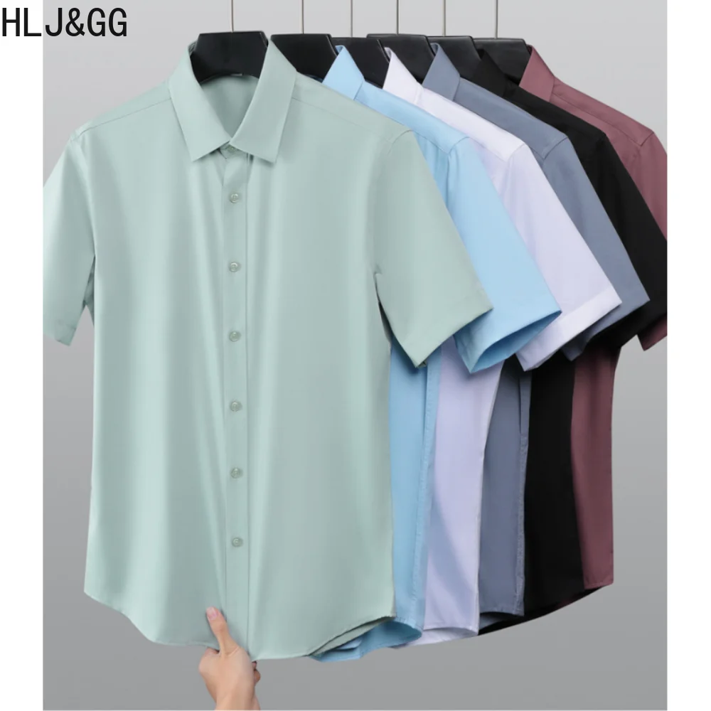 

HLJ&GG Man's Short Sleeve Shirts High End Business No Ironing Solid Color Man Shirt Summer Lapel Breatheable Male Blouses New
