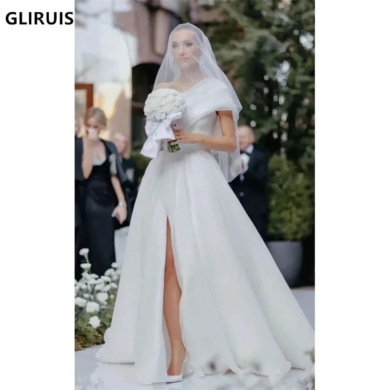 

Nobel One Shoulder A Line Wedding Dresses High Spilt Pleats Bride Wedding Gowns Robe mariage